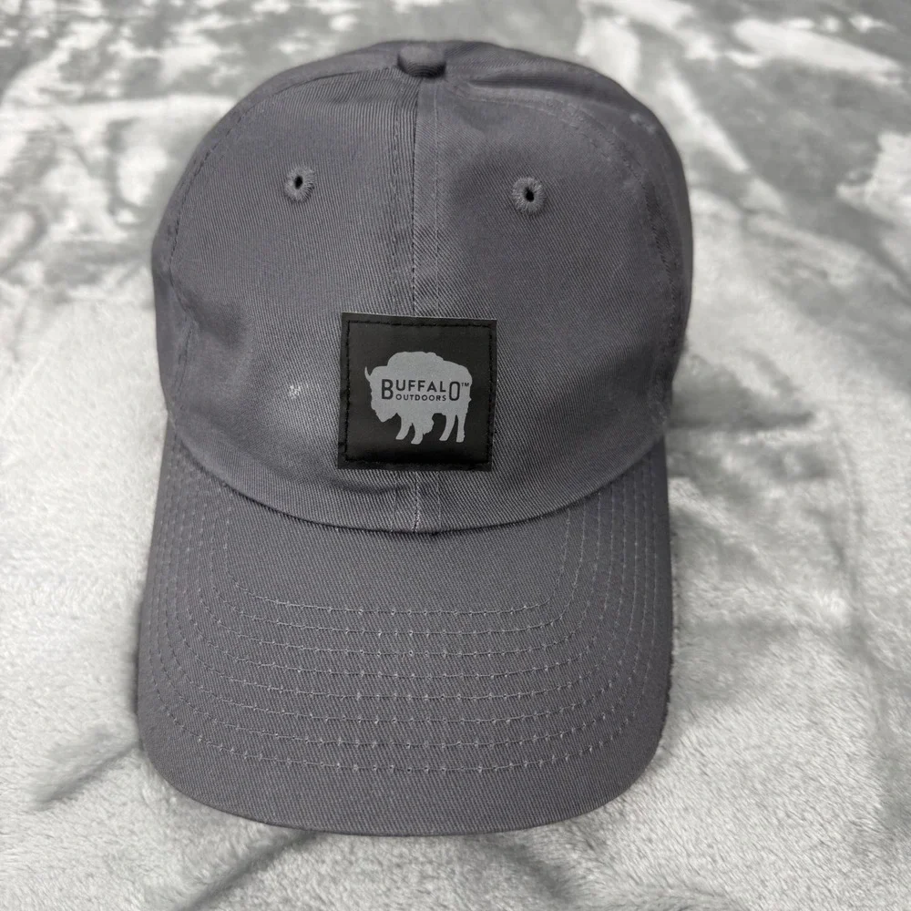 Buffalo Outdoors Mens Gray Cotton Baseball Cap Adjustable Dad Hat Logo Patch